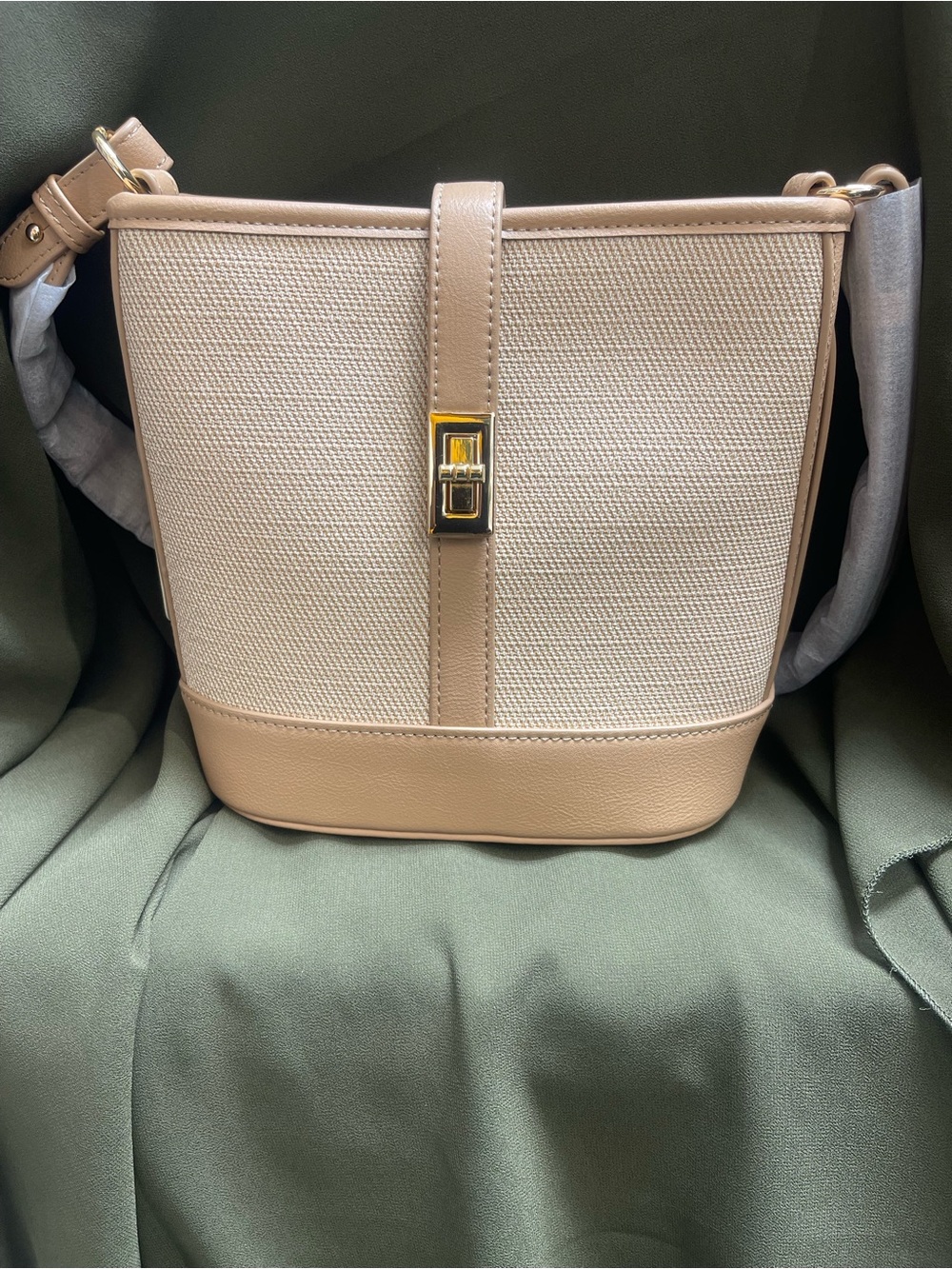 Taupe Canvas & Leather Crossbody Bucket Bag with Gold Clasp
